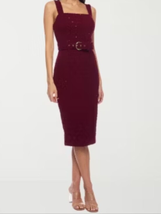 Premier Amour Dresses & Skirts - Premier Amour Square Neck Sleeveless Belted Sequin Sheath Burgundy Midi Dress 16